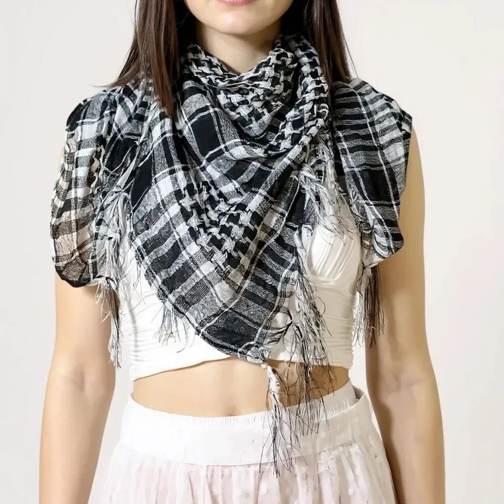 Plaid Black White Cotton Fringe Tassel Scarf - Neck Wrap, Headscarf NWT